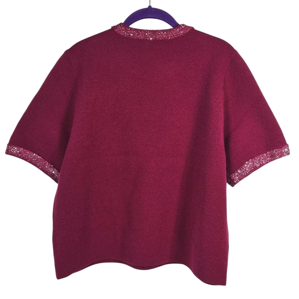 Nanette Lepore Merlot Sequin Trim Short Sleeve Knit‎ Sweater Woman Large NEW